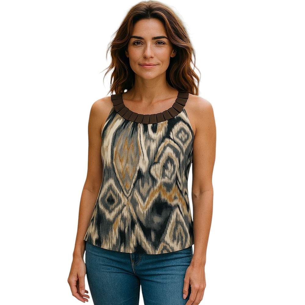 Essentials Sleeveless Wood Beaded Front Neckline Relaxed Fit Top Size M